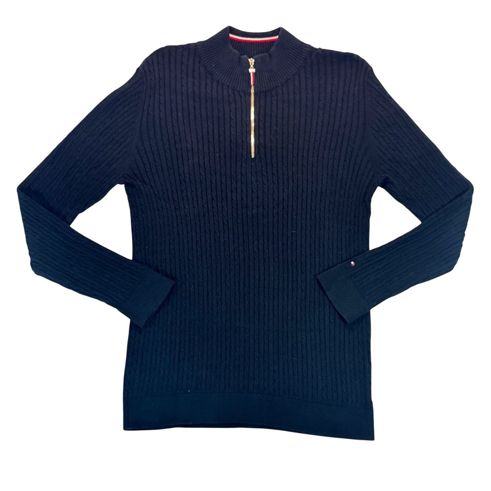 Tommy Hilfiger Mens Navy Blue Cable Knit Quarter Zip Cotton Sweater Large